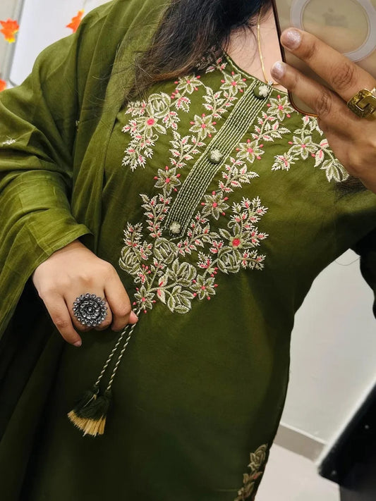 Olive Green Heavy Embroidery Silk Kurti Palazzo Dupatta Set