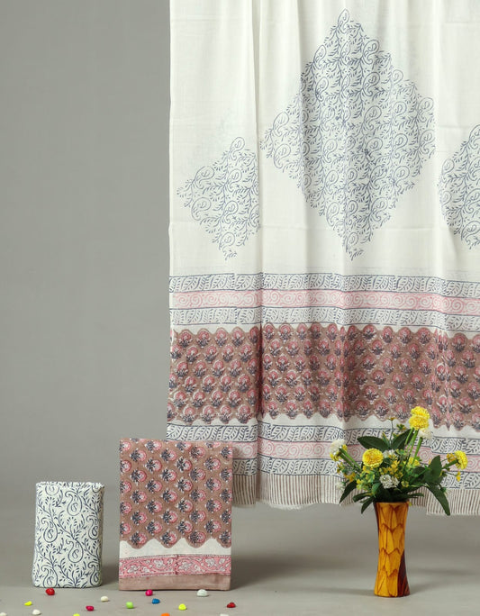 Beige Ethnic Printed Cotton Suit Set with Traditional Border | Unstitched (MVCOT72)
