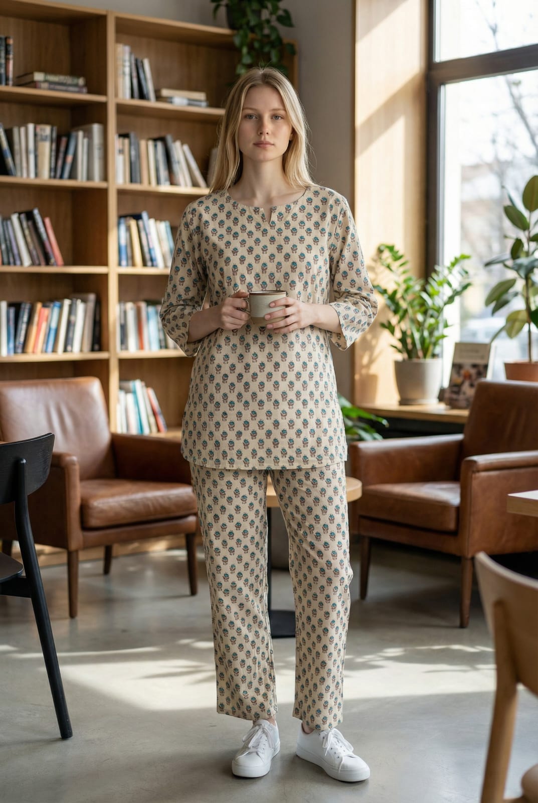 Beige Printed Cotton Night Suit for Women | Elegant Home Wear (MVNS49)