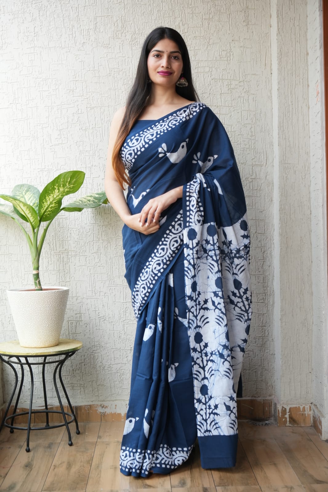 Navy Blue Hand Block Printed Cotton Saree with Blouse (MVCS73)