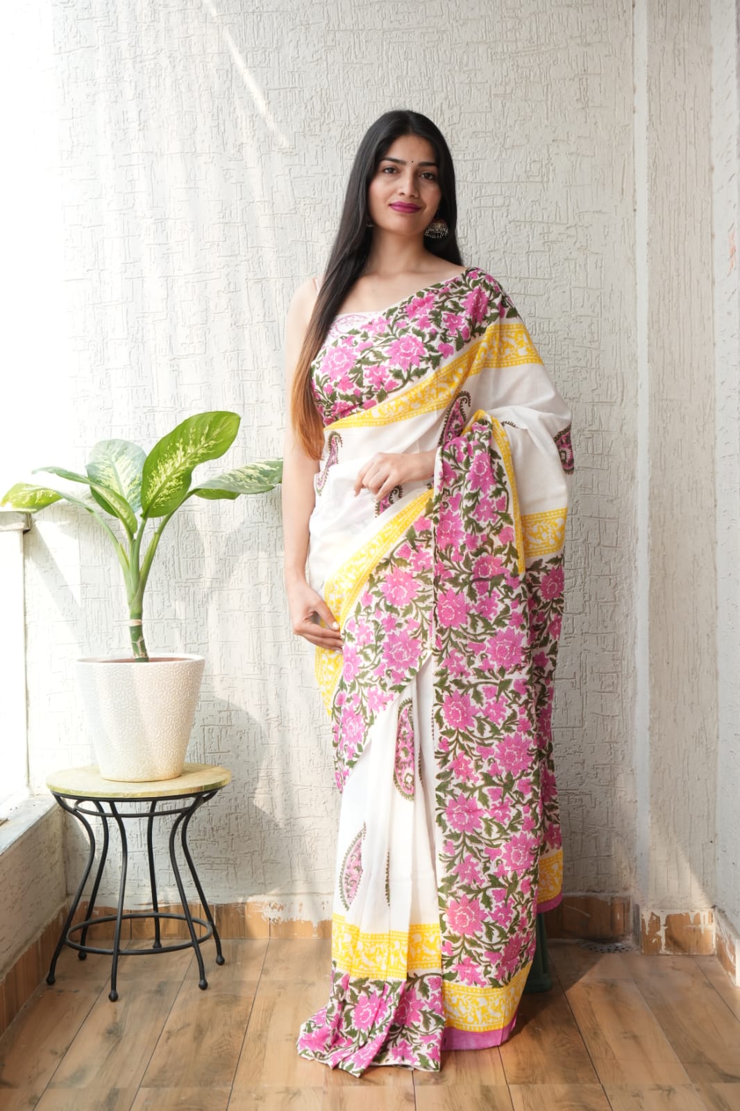White & Yellow Floral Hand Block Printed Cotton Saree (MVCS57)