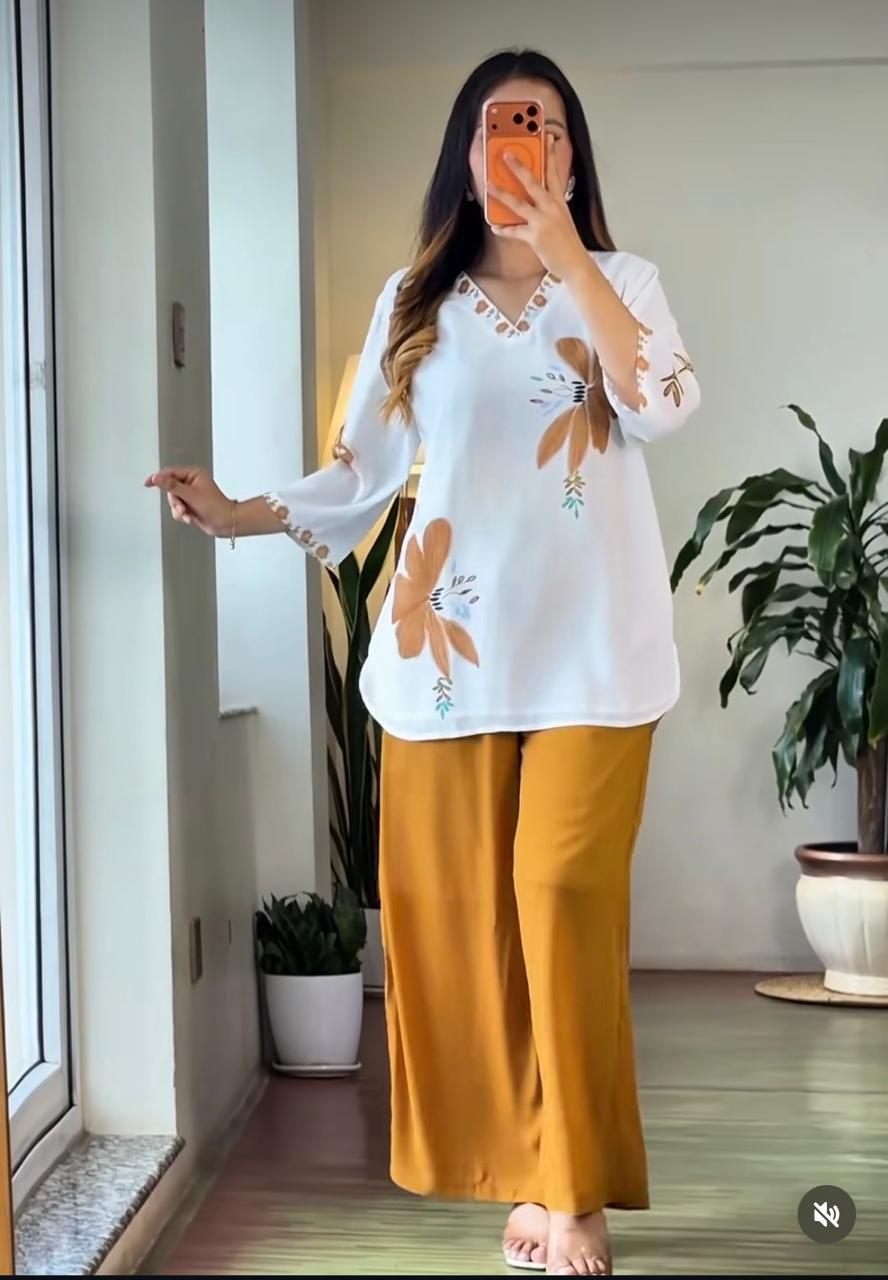 Mustard Yellow Floral Kurti Plazo Set | Mul Cotton