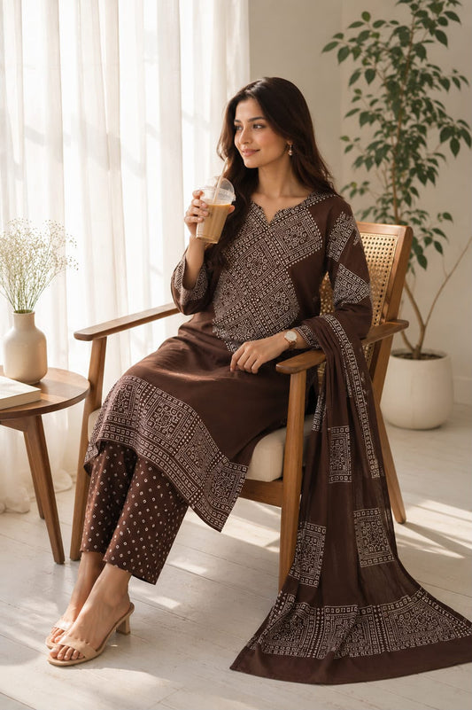 Brown Bandhani Print Cotton Kurti Palazzo Dupatta Set