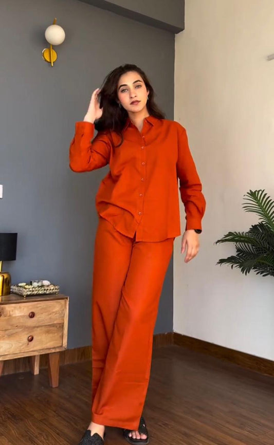 Rust Orange Pure Cotton Coord Set | Shirt & Wide Leg Pant