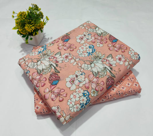 Peach Floral Printed Top & Bottom Suit Set – Elegant Cotton Suit Material (MVTB108)