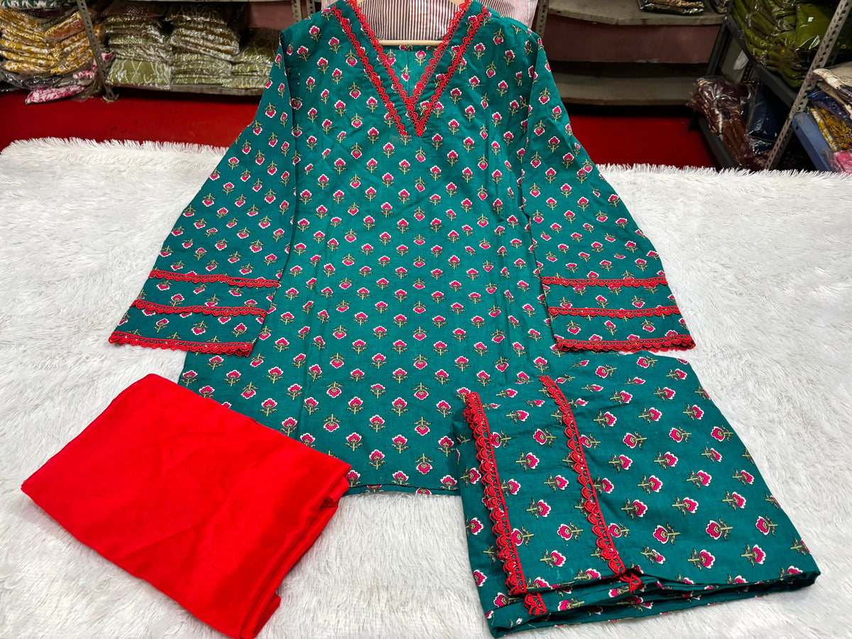 Teal Green Floral Block Print Cotton Farshi Salwar Suit Set with Red Dupatta