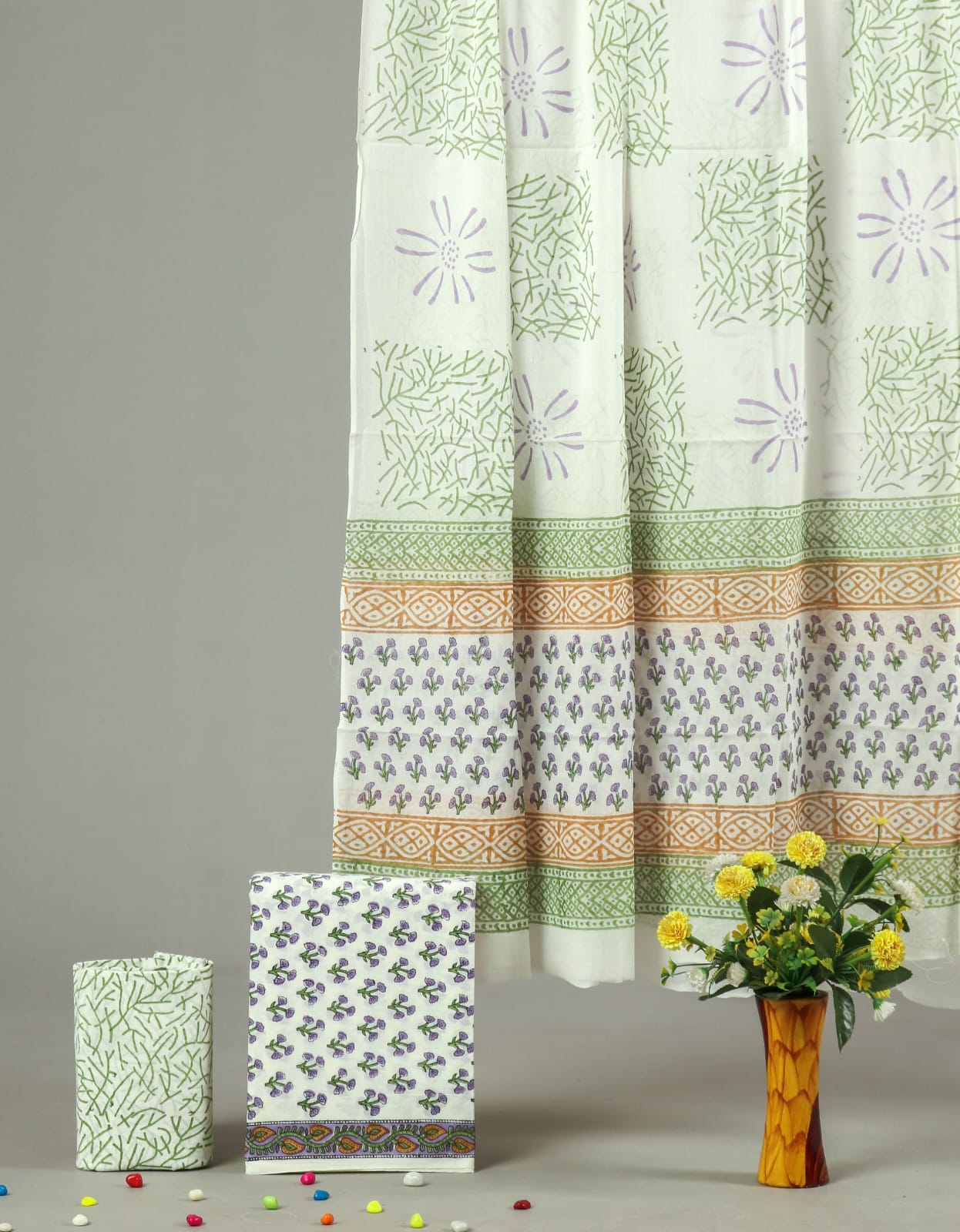 White Green Floral Hand Block Printed Cotton Unstitched Suit Set (MVCOT55)
