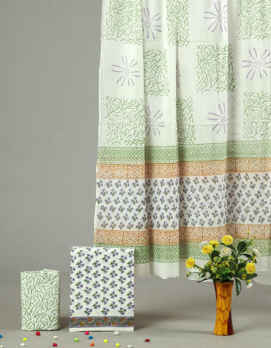 White Green Floral Hand Block Printed Cotton Unstitched Suit Set (MVCOT55)