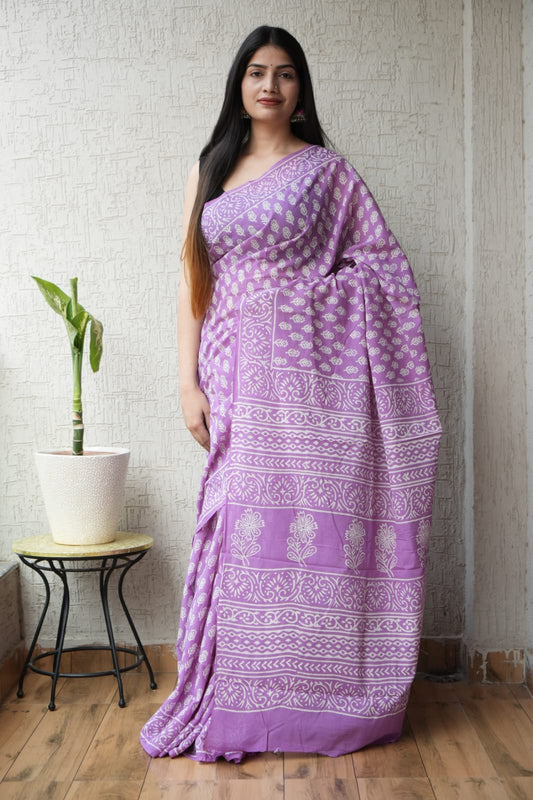 Lavender Purple Hand Block Printed Cotton Saree with Blouse (MVCS70)