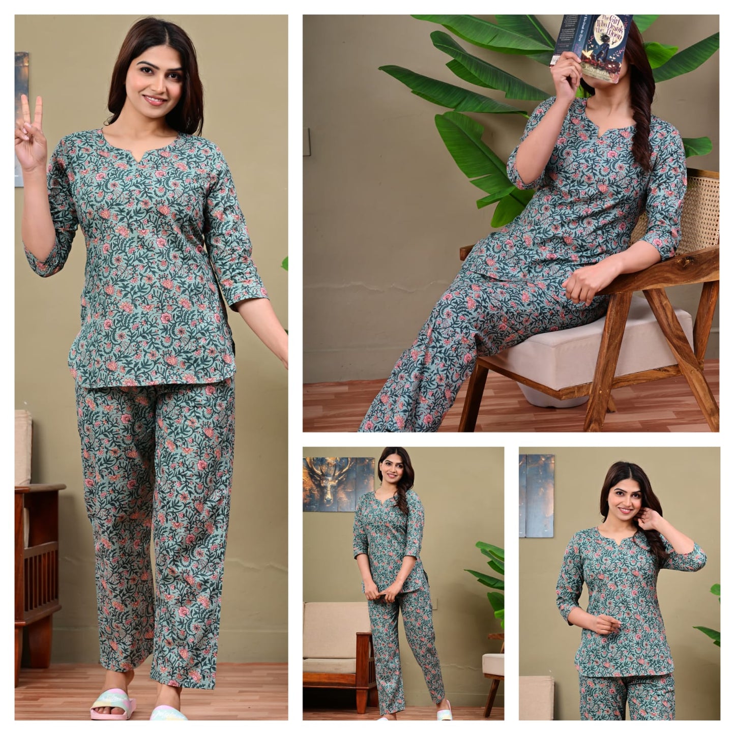 Green Floral Cotton Night Suit for Women | Trendy Nightwear Set (MVNS45)