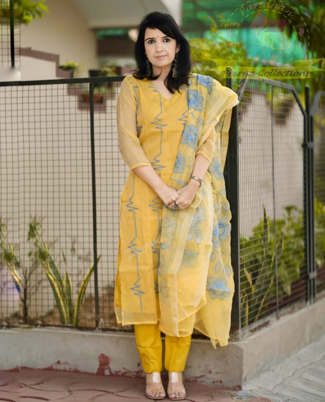 Yellow Kota Doriya Embroidered Kurti Pant Dupatta Set for Women