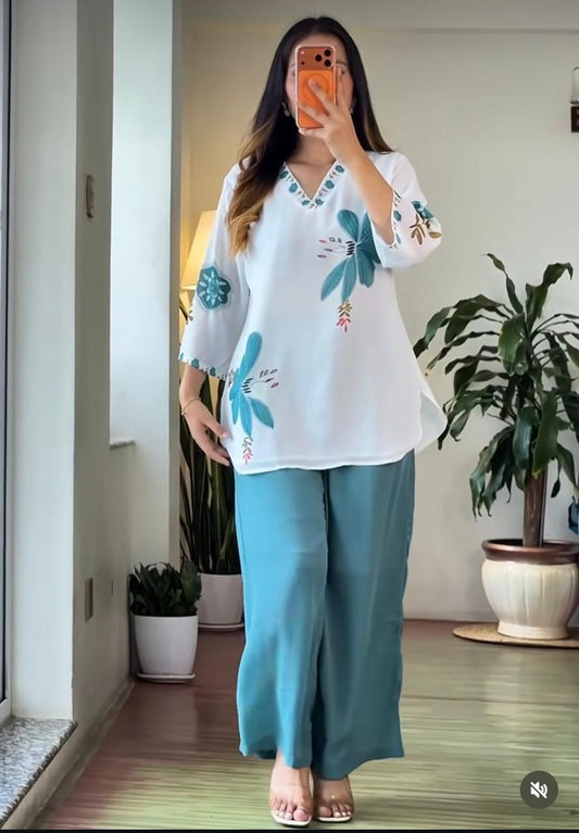 Teal Green Mul Cotton Floral Cord Set