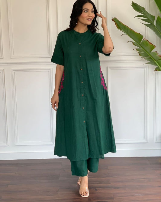 Dark Green South Cotton Kurta Set with Hand Embroidery | Premium A-Line Cotton Plazo Set