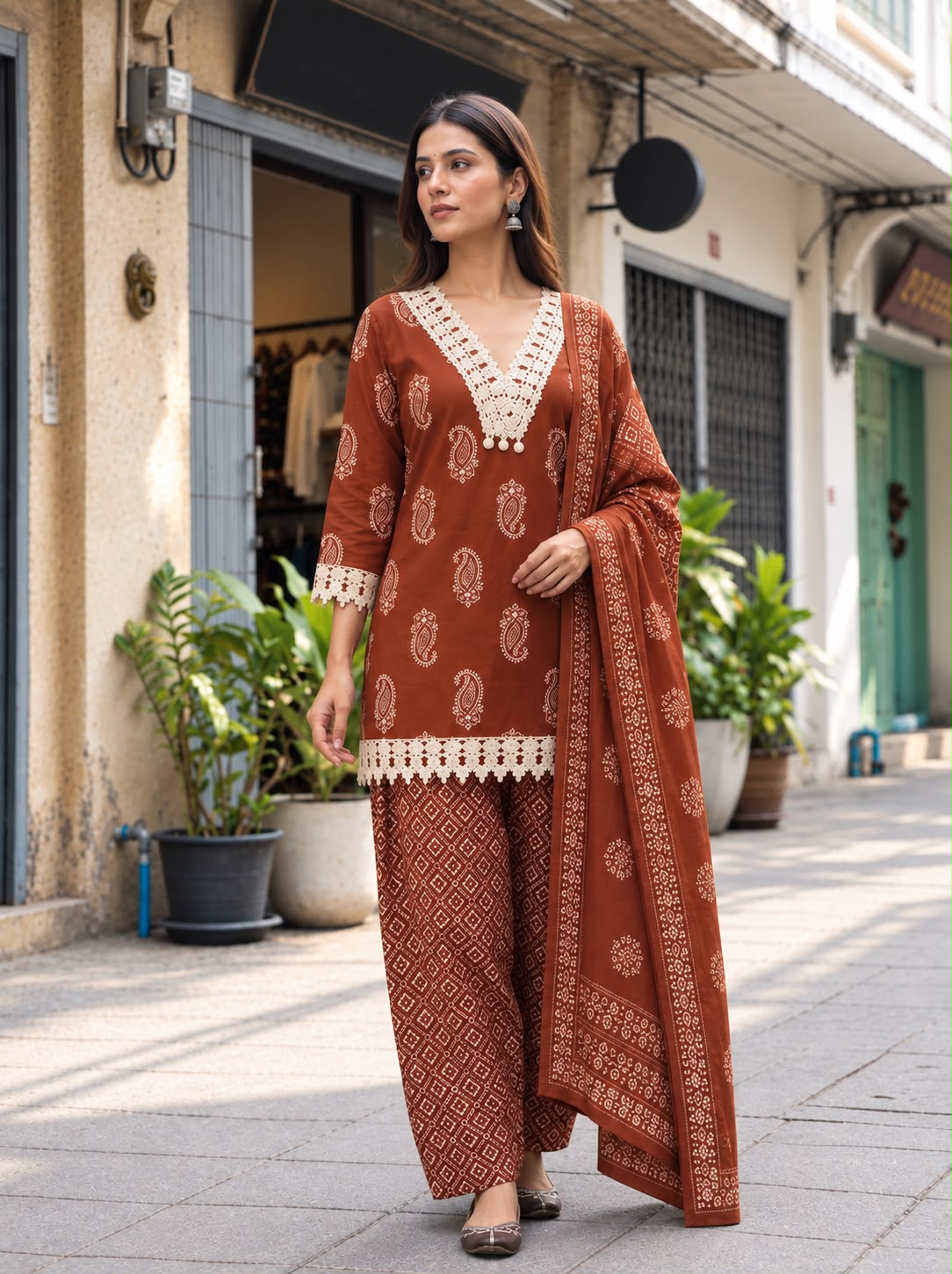 Rust Brown Printed Cotton Kurta Palazzo Set for Women