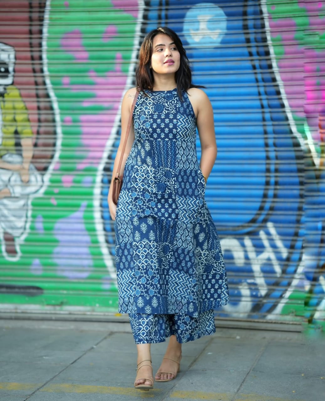 Blue Printed Cotton Kurta Palazzo Set for Women | Stylish A-Line Halter Neck Co-Ord Set