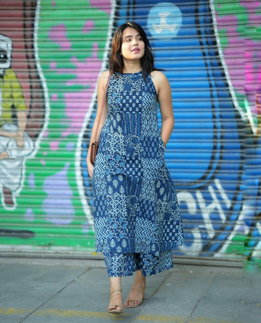 Blue Printed Cotton Kurta Palazzo Set for Women | Stylish A-Line Halter Neck Co-Ord Set