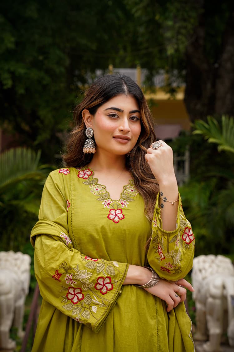 Mustard Yellow Anarkali Embroidered Kurta Pant Dupatta Set