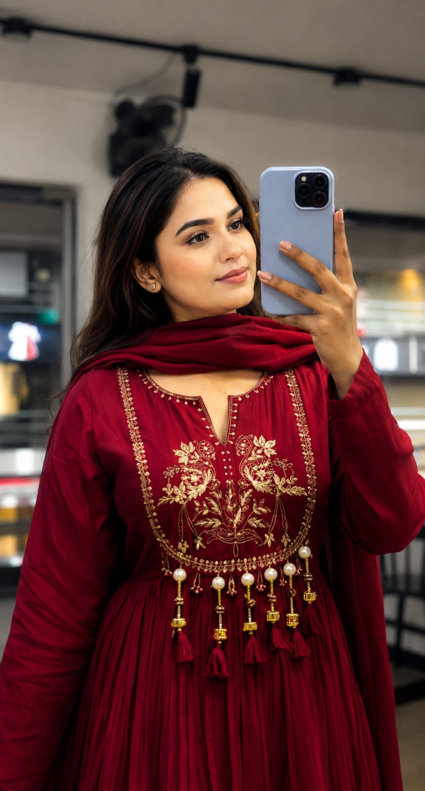 Maroon Embroidered Anarkali 3-Pc Suit | Pure Cotton with Latkan