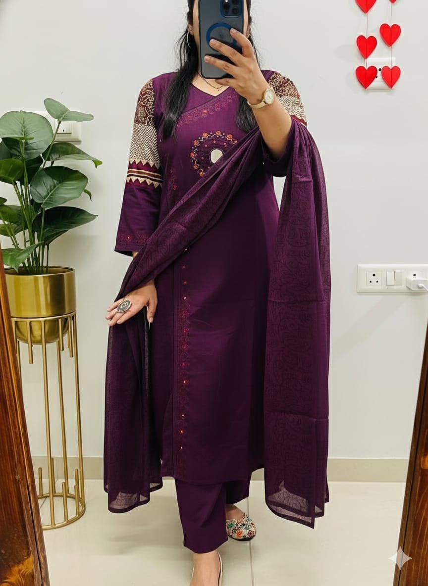 Royal Purple Cotton Kurti Pant Dupatta Set for Women