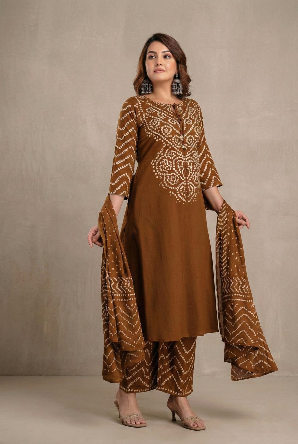 Brown Cotton Printed Kurti Set for Women | Elegant Kurta Pant with Dupatta