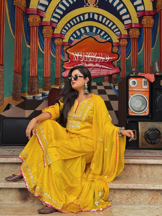 Yellow Chikankari Embroidered Sharara Suit for Women