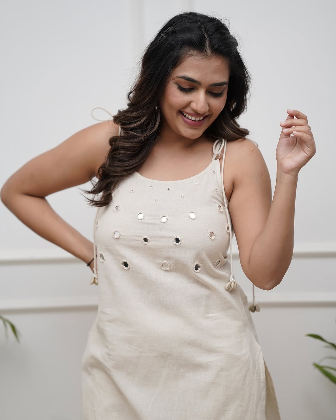 Off White Cotton Slub Cord Set for Women | Sleeveless Kurta Plazo Set with Mirror Work