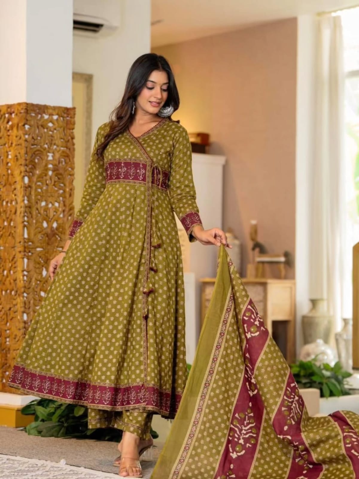 Mehendi Green Angrakha Style Cotton Kurta Set with Dupatta
