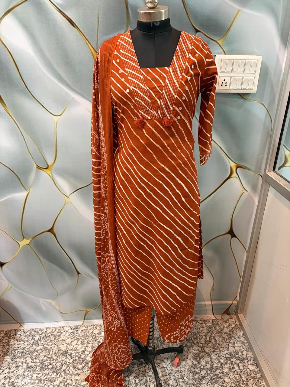 Rust Orange Lehariya Print Pure Cotton Suit Set