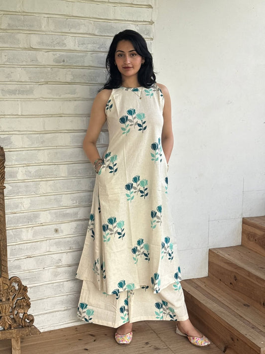Off White Printed Cotton Kurta Palazzo Set | Elegant A-Line Halter Neck Outfit for Women