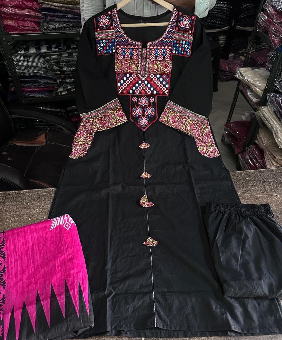 Black Heavy Cotton Embroidered Kurti Set | Pocket Kurta with Pink Dupatta