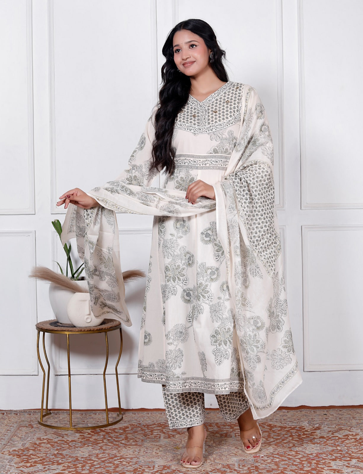 Grey Floral Print Premium Cotton Anarkali Suit Set