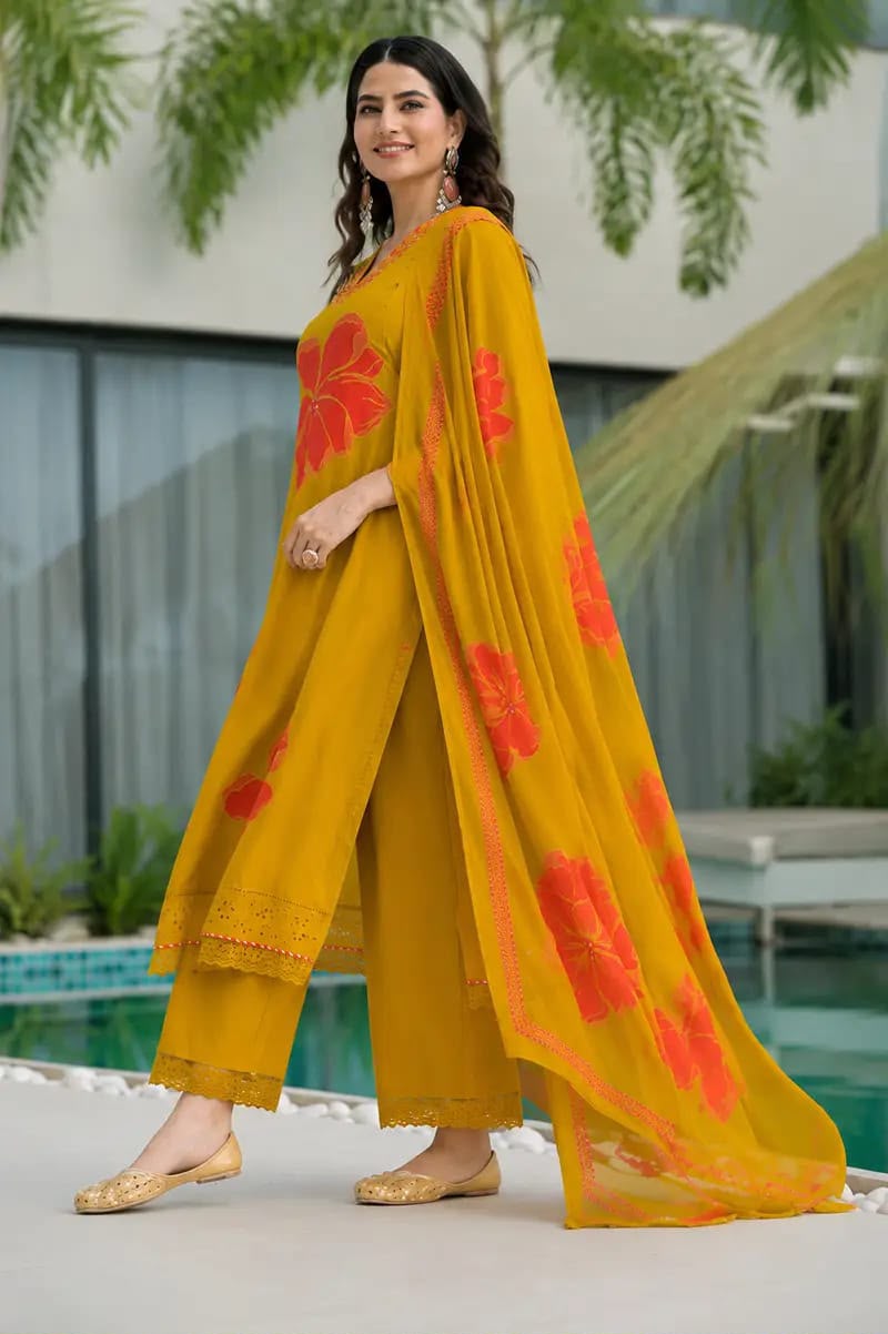 Mustard Yellow Pure Cotton Printed Kurti Pant Dupatta Set