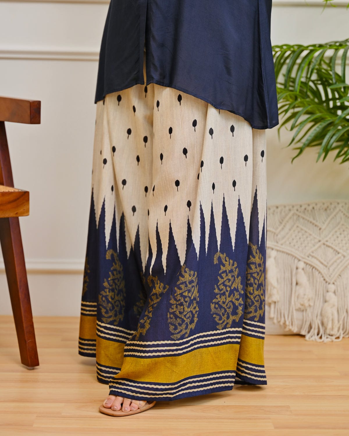 Navy Blue Indo-Western Palazzo Set for Women | Pure Cotton Tunic with Ikat Print Palazzo