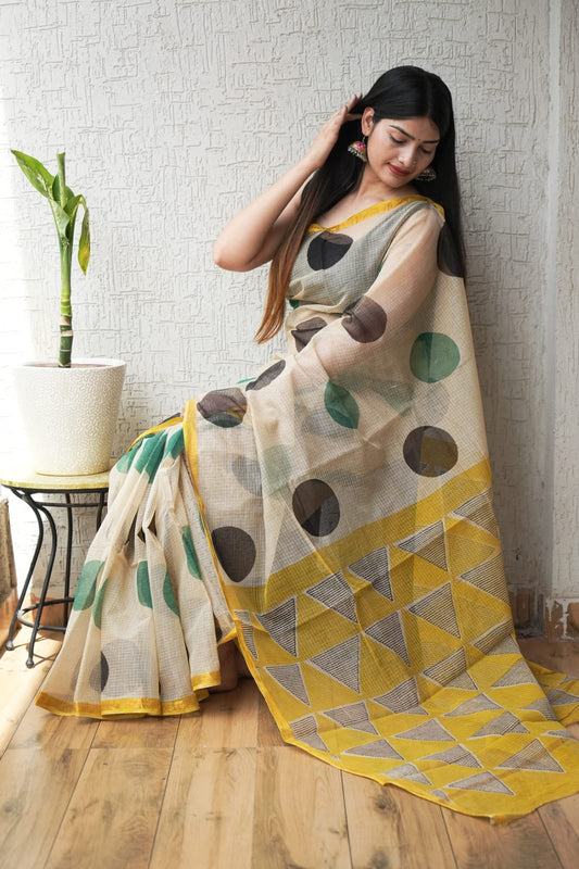 Cream Off-White Kota Doriya Saree | Polka Dot Hand Block Print  (MVKS55)