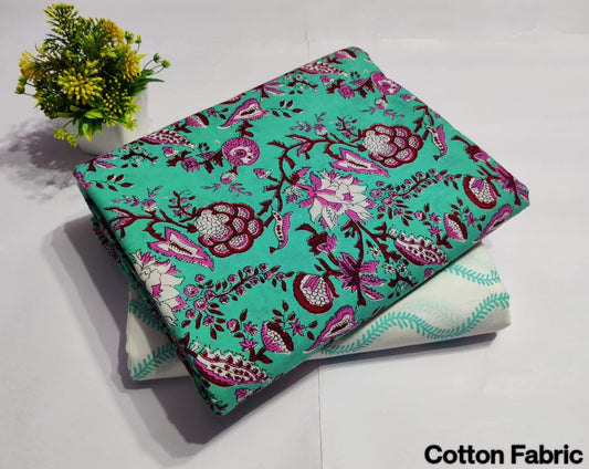 Teal Floral Printed Top & Bottom Suit Set – Elegant Cotton Suit Material | (MVTB79)