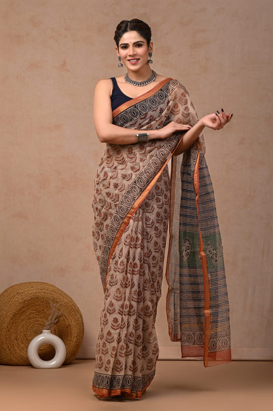 Beige Cream Kota Doriya Saree | Bagru Boota Hand Block Print  (MVKS56)