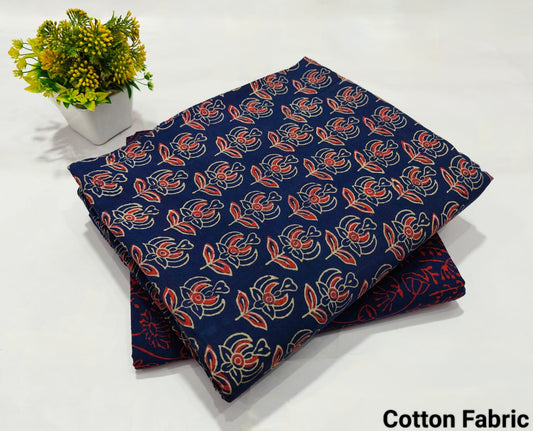Navy Blue Floral Cotton Fabric with Red Print (MVTB107)