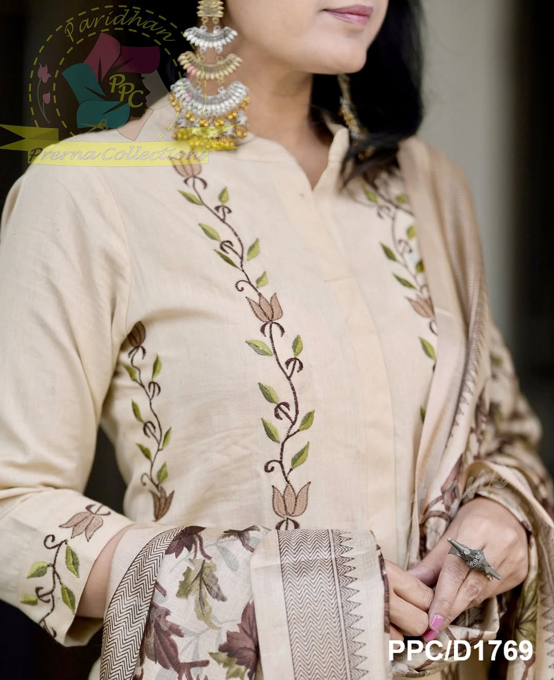 Beige Handloom Cotton Kurti Pant Dupatta Set with Embroidery & Kalamkari Dupatta