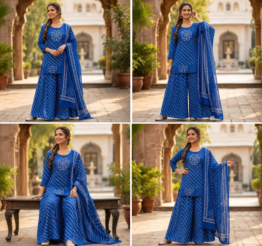 Royal Blue Lahriya Bandhej Cotton Kurti Palazzo Set