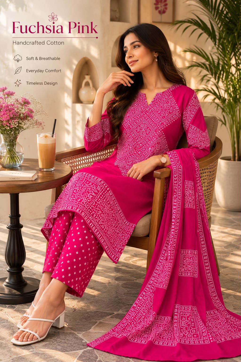 Pink Bandhani Print Cotton Kurti Palazzo Dupatta Set