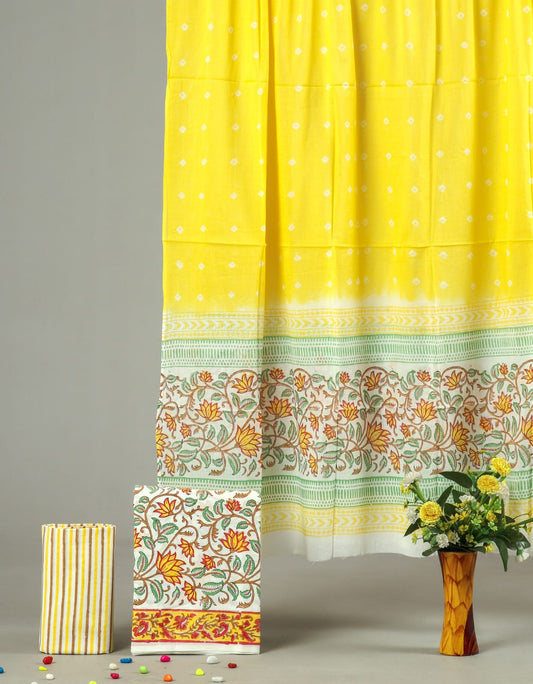 Yellow Cotton Unstitched Suit Set with Floral Border Dupatta (MVCOT29)