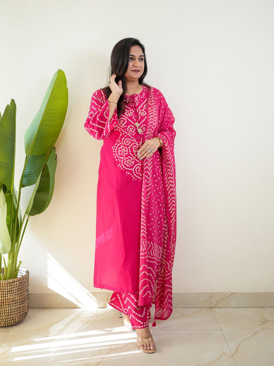 Pink Cotton Bandhani Kurti Set for Women | Printed Kurta Pant with Dupatta