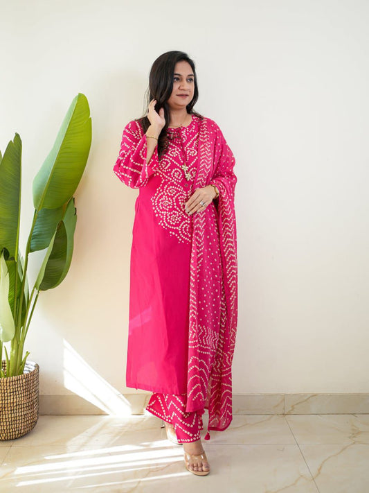 Pink Cotton Bandhani Kurti Set for Women | Printed Kurta Pant with Dupatta
