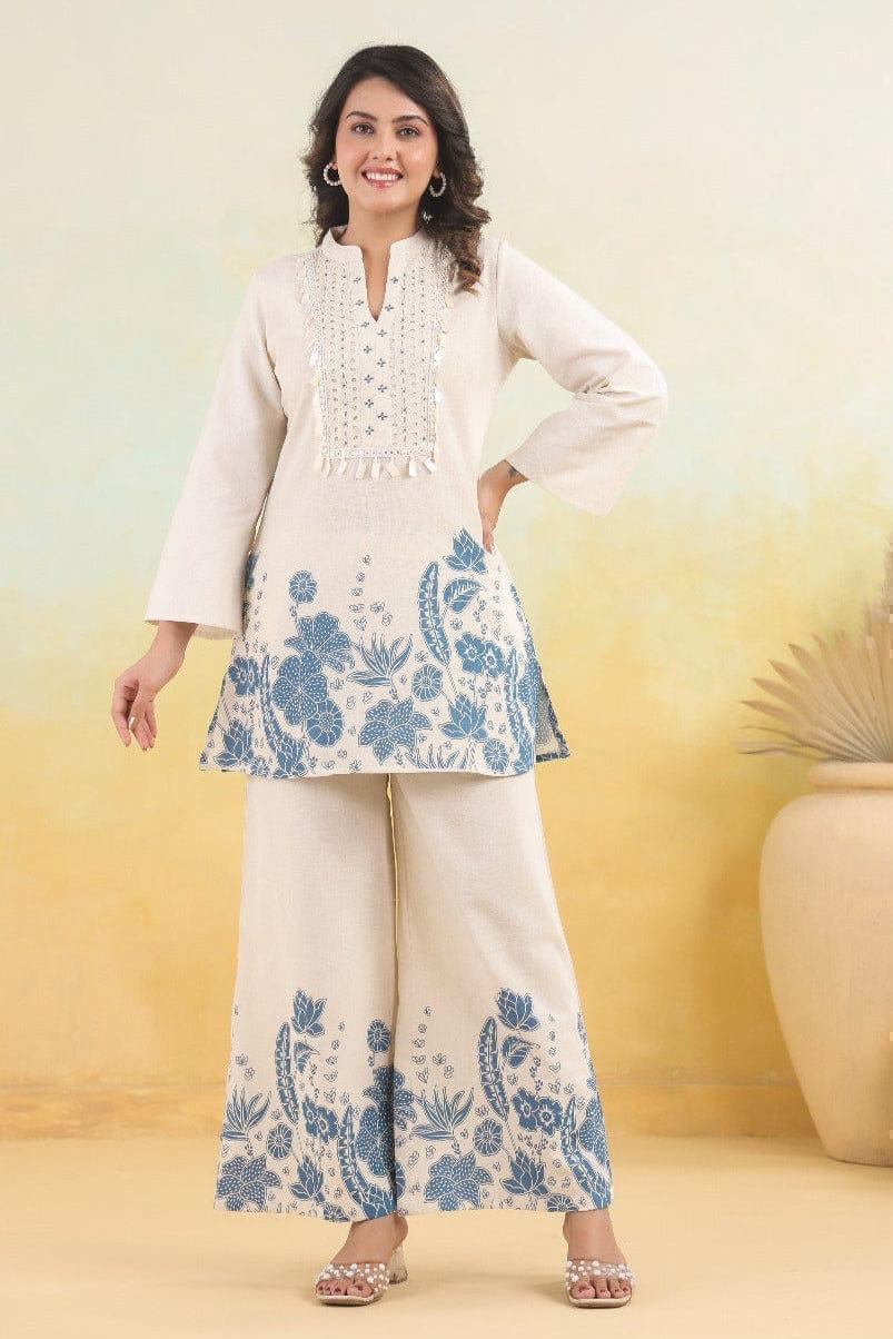 White Cotton Kurti Palazzo Set with Blue Print | Elegant Summer Co-ord Set for Women