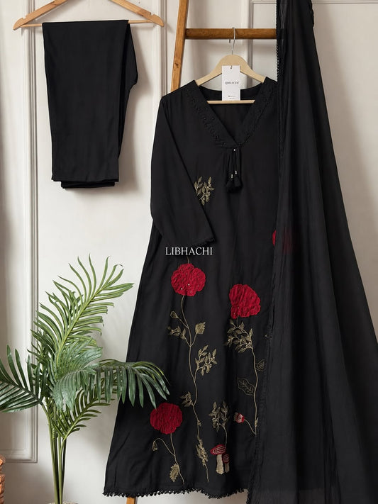 Black Cotton A-Line Kurta Set with Red Floral Hand Embroidery & Mulmul Dupatta