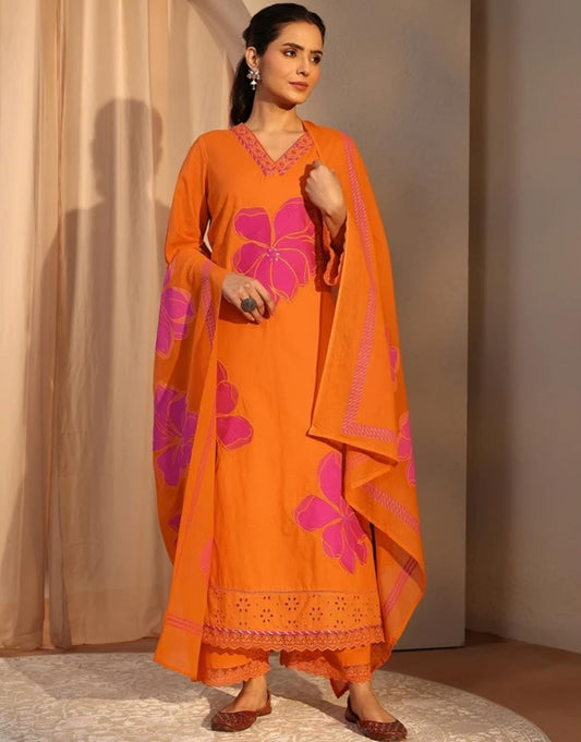 Orange Pure Cotton Printed Kurti Pant Dupatta Set