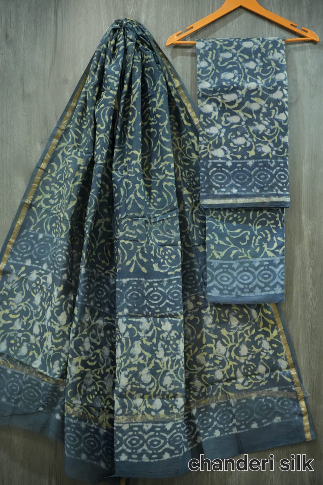 Dark Grey & Olive Dabu Floral Jaal Hand Block Print Chanderi Silk Dress Material (MVCHS26)