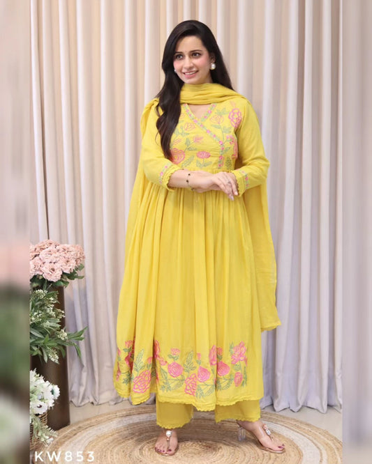 Yellow Floral Embroidered Anarkali Kurta Set for Women