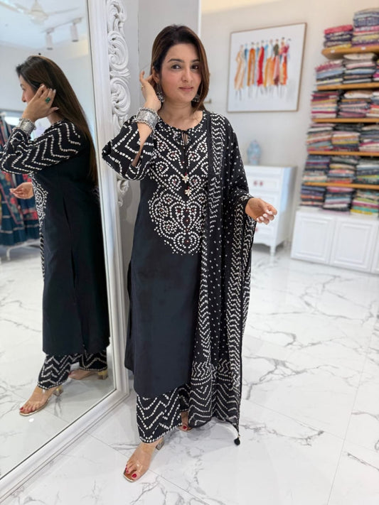 Black Bandhani Cotton Kurti Set for Women | Stylish Kurta Pant Dupatta