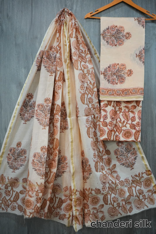 Cream & Rust Brown Hand Block Print Chanderi Silk Dress Material (MVCHS10)
